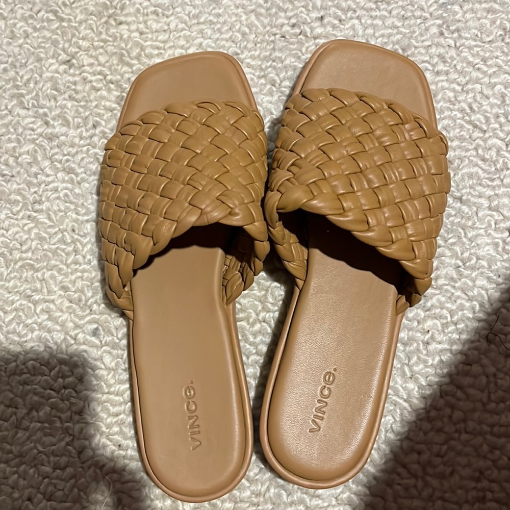 Vince Rumi square toe braided slides tan/brown
